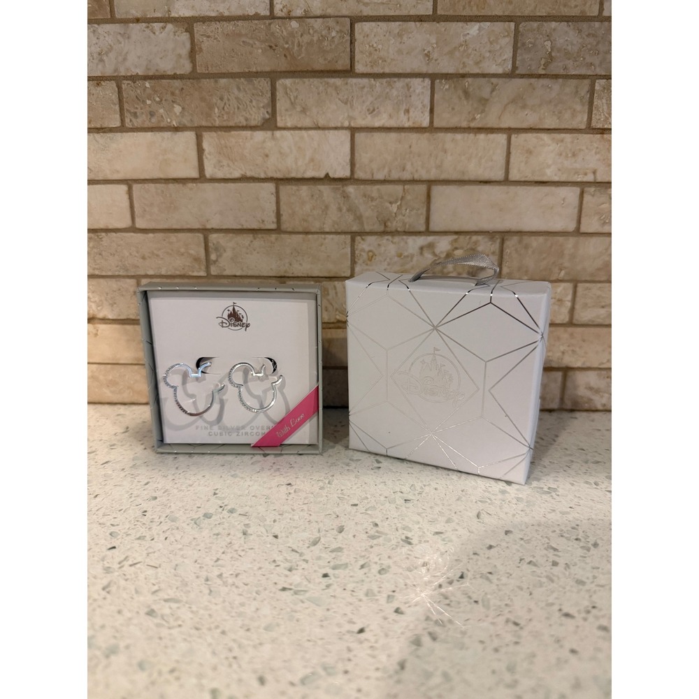 NIB Disney Mickey & Minnie Mouse Fine Silver/Brass Cubic Zirconia Hoop Earrings